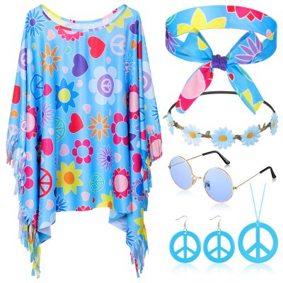 Hicarer 6 Pcs Hippie Costume Accessories Set Includes Headband Poncho Necklace Earrings Sunglasses for Women(Fresh Flower)