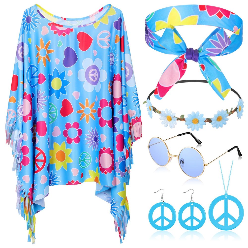 Hicarer 6 Pcs Hippie Costume Accessories Set Includes Headband Poncho Necklace Earrings Sunglasses for Women(Fresh Flower)
