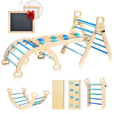 BlueWood Pikler Triangle Set, 7-in-1 Foldable Wooden Toddler Climbing Toys Indoor Playground Jungle Gym Montessori Philosophy Climber for 2-6 Years Old, Baby, Kids (Sky Blue)
