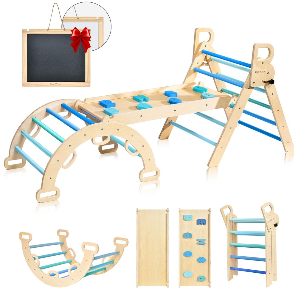 BlueWood Pikler Triangle Set, 7-in-1 Foldable Wooden Toddler Climbing Toys Indoor Playground Jungle Gym Montessori Philosophy Climber for 2-6 Years Old, Baby, Kids (Sky Blue)