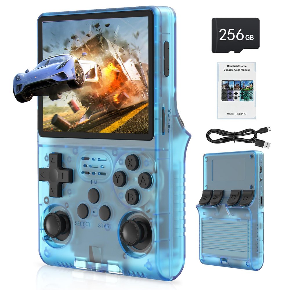 FVBADE [30000 in 1] R40S PRO Handheld Game Console 3.5 inch IPS Screen Mini Retro Console 3800mAh Portable Pocket Arcade 12+ Mainstream Emulator 256G TF Card Transparent(Blue)