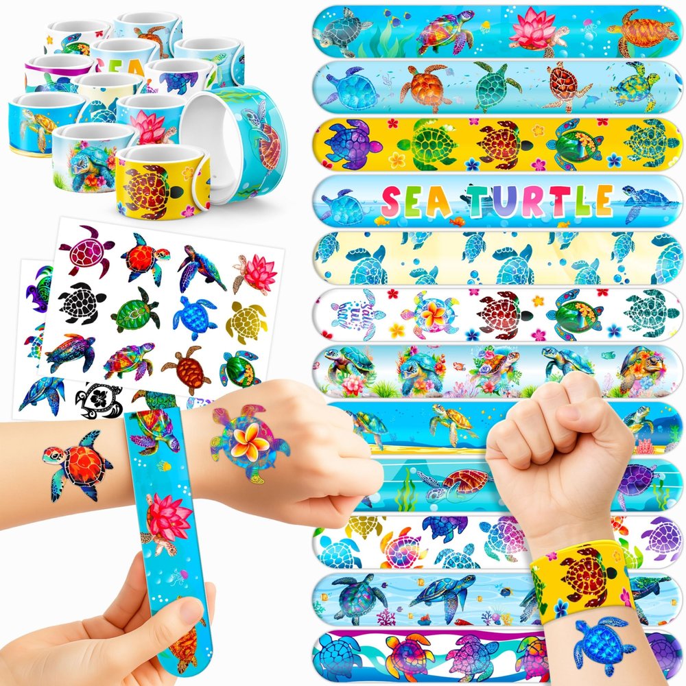 48PCS Turtle Party Favors Decorations, Tattoos & Slap Bracelets Decorations