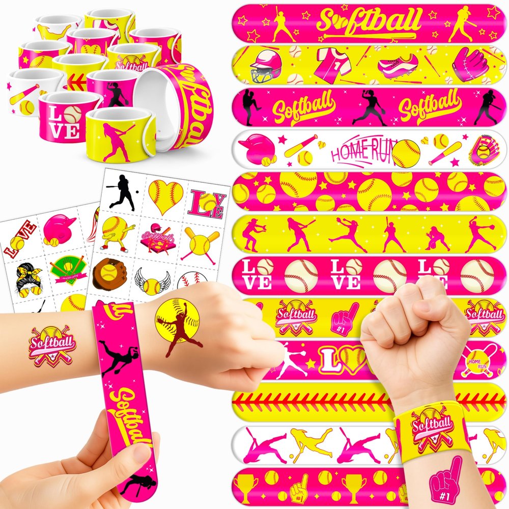 72PCS Softball Party Favors Decorations, Temporary Tattoos & Slap Bracelets