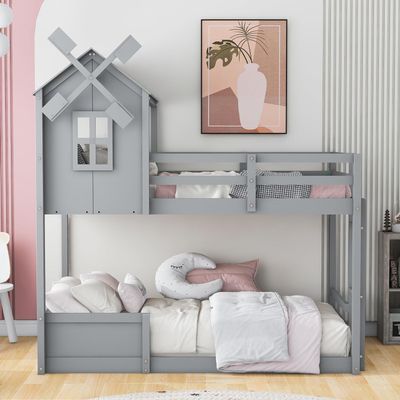 DUORUIMI Playhouse-Inspired Style Wooden Twin Over Full Bunk Bed, Loft Bed with Playhouse, Farmhouse, Ladder and Guardrails, Compatible with Girls Boys Teens (Gray-Play-TOF),bed frame, jq-632