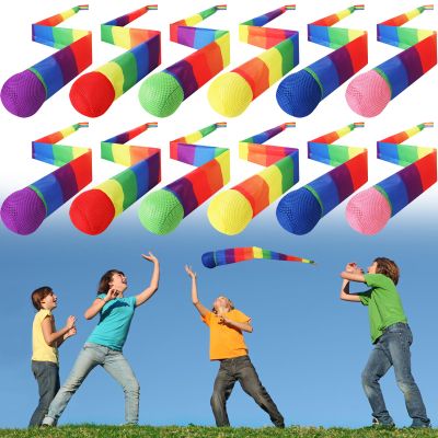 Leyndo 12 Pcs 26 Inch Throw and Catch Balls with Rainbow Tail, Soft Sports Play Comet Balls Playground Toys Bulk for Kids Adults Games and Activities Fun Throwing School (Vivid)