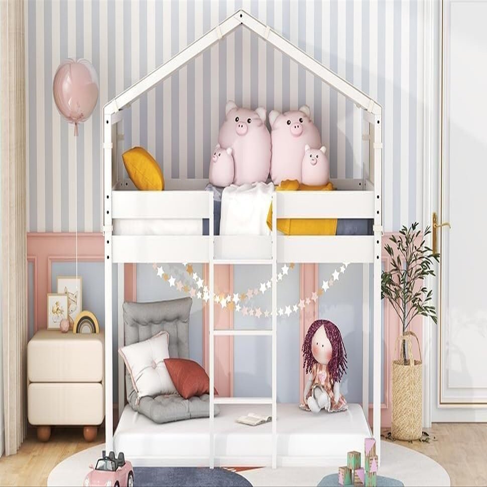 DUORUIMI Playhouse-Inspired Style Wooden Twin Over Full Bunk Bed, Loft Bed with Playhouse, Farmhouse, Ladder and Guardrails, Compatible with Girls Boys Teens (Gray-Play-TOF),bed frame