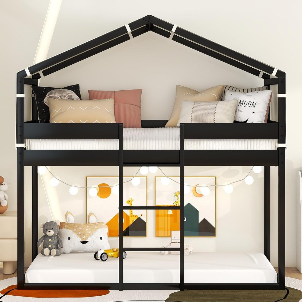 DUORUIMI Playhouse-Inspired Style Wooden Twin Over Full Bunk Bed, Loft Bed with Playhouse, Farmhouse, Ladder and Guardrails, Compatible with Girls Boys Teens (Gray-Play-TOF),bed frame