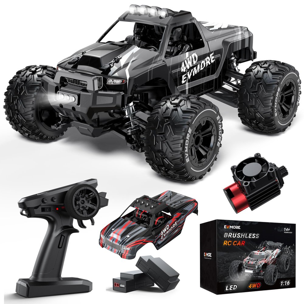 Evmore 1/16 Brushless RC Cars for Adults & Boys, Fast 34 Mph, Electric 4WD High Speed RC Car, All-Road Remote Control RC Truck with Two 2S Lipo Batteries, Compatible with 3S Lipo