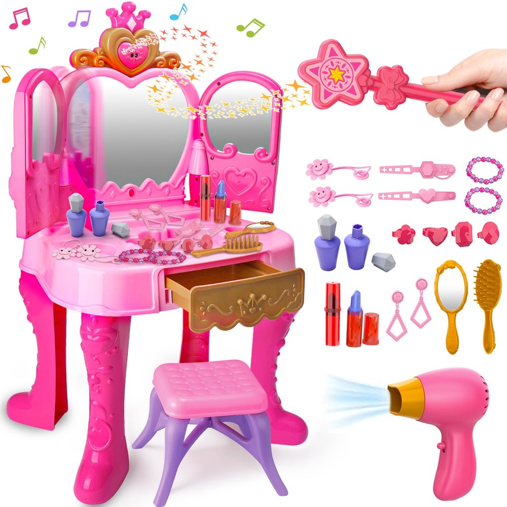 Toddler Vanity Magic Makeup Set Table & Chair Girl Toy Automatically Mirror with Music Light Pink Toys for 2 3 4 Year Old Girl Hair Salon Pretend Play Princess Dress Up Playset Valentine Gift age 3-5