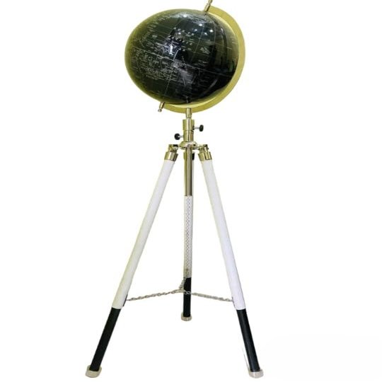 ANTIQUE AURA World Black globe with white tripod stand.