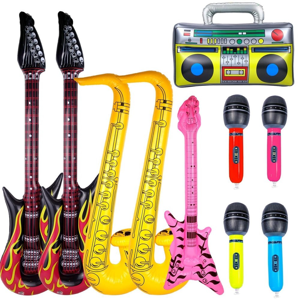10pcs Inflatable Instruments Party Props Rock Star Toy Set Inflatable Saxophone Bass Rock Microphone Rock Electric Guitar Recorder Suitable for Various Music Parties(Versatile Style)