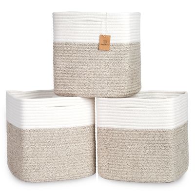 NaturalCozy 13 Inch Cube Storage Bins Cotton Rope Woven Baskets for Organizing 3-Pack | 13 x 13 Storage Cubes | Fabric Square Storage Baskets for Shelves Organizer, Kids Toy Bins, Closet Baby Nursery