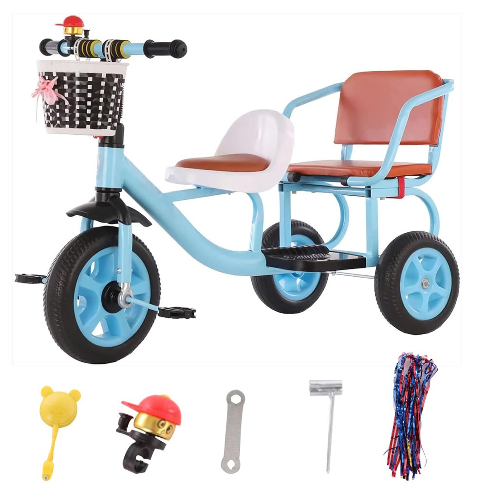 JIYIAN High Carbon Steel Two-Person Children's Tricycle/Pedal Tricycle Kids Bike with Padded Seat,High Carbon Steel Trike Frame,Bell and Basket Tandem Trike,Blue