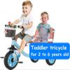 JIYIAN High Carbon Steel Two-Person Children's Tricycle/Pedal Tricycle Kids Bike with Padded Seat,High Carbon Steel Trike Frame,Bell and Basket Tandem Trike,Blue view 2