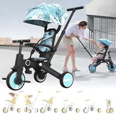 LHTJHP T2 Foldable Tricycle,6-in-1 Multifunctional Kids Trike, w/Adjustable Push Handle, Rotatable Seat, Adjustable Canopy, Safety Harness- for Toddlers 10 to 36 Months,Lake blue