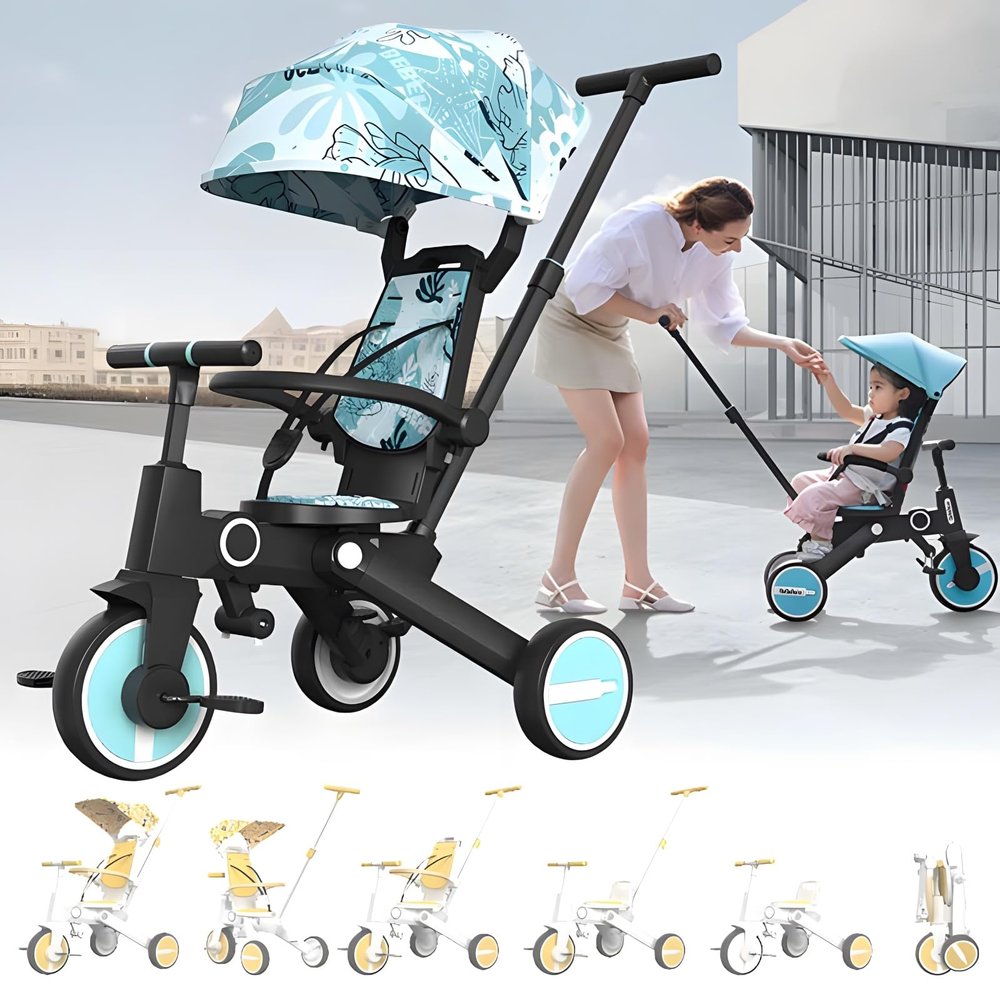 LHTJHP T2 Foldable Tricycle,6-in-1 Multifunctional Kids Trike, w/Adjustable Push Handle, Rotatable Seat, Adjustable Canopy, Safety Harness- for Toddlers 10 to 36 Months,Lake blue