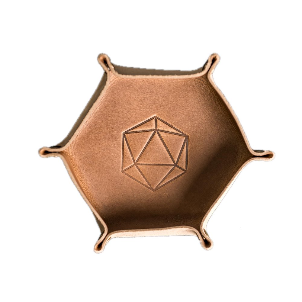 Ox & Pine Handcrafted Leather Dice Tray - Hexagon Shape with Custom Design Stamps - Antique Brass Snaps - Sizes 6.5 & 7.5 - Ideal for Tabletop RPGs & Board Games (Large, Cafe)