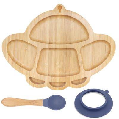 UFO Bamboo Plate for Babies and Toddlers - Bamboo Kids Plate with Suction Cup and Silicone Spoon - Non-toxic Eco Friendly Plate with Strong Suction - Bamboo Dinnerware for Babies and Toddlers - Navy
