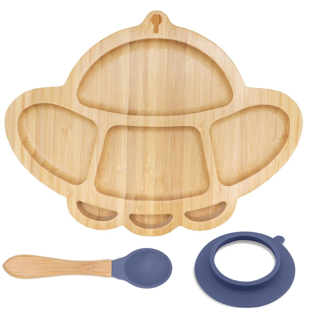 UFO Bamboo Plate for Babies and Toddlers - Bamboo Kids Plate with Suction Cup and Silicone Spoon - Non-toxic Eco Friendly Plate with Strong Suction - Bamboo Dinnerware for Babies and Toddlers - Navy