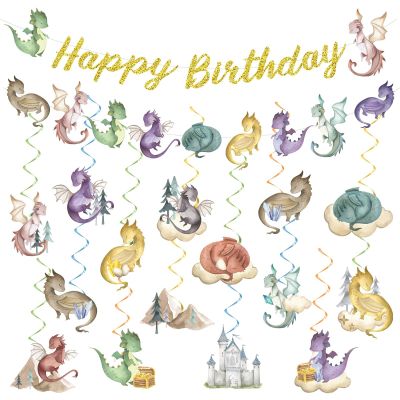 32Pcs Dragon Birthday Party Decorations Watercolor Magic Dragon Banner Hanging Swirl Fantasy Birthday Party Supplies Dinosaur Baby Shower Cutout Banner for Kids Decor