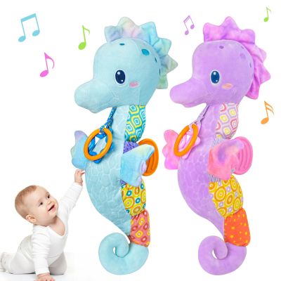 Baby Toys 0-6 Months, Infant Musical Seahorse Stuffed Animals Sensory Toys with Bright Colors,Multiple Textures,Rattles & Crinkle Sound Paper,Soft Tummy Time Toy for Newborn Boys Girls 0-12 Months