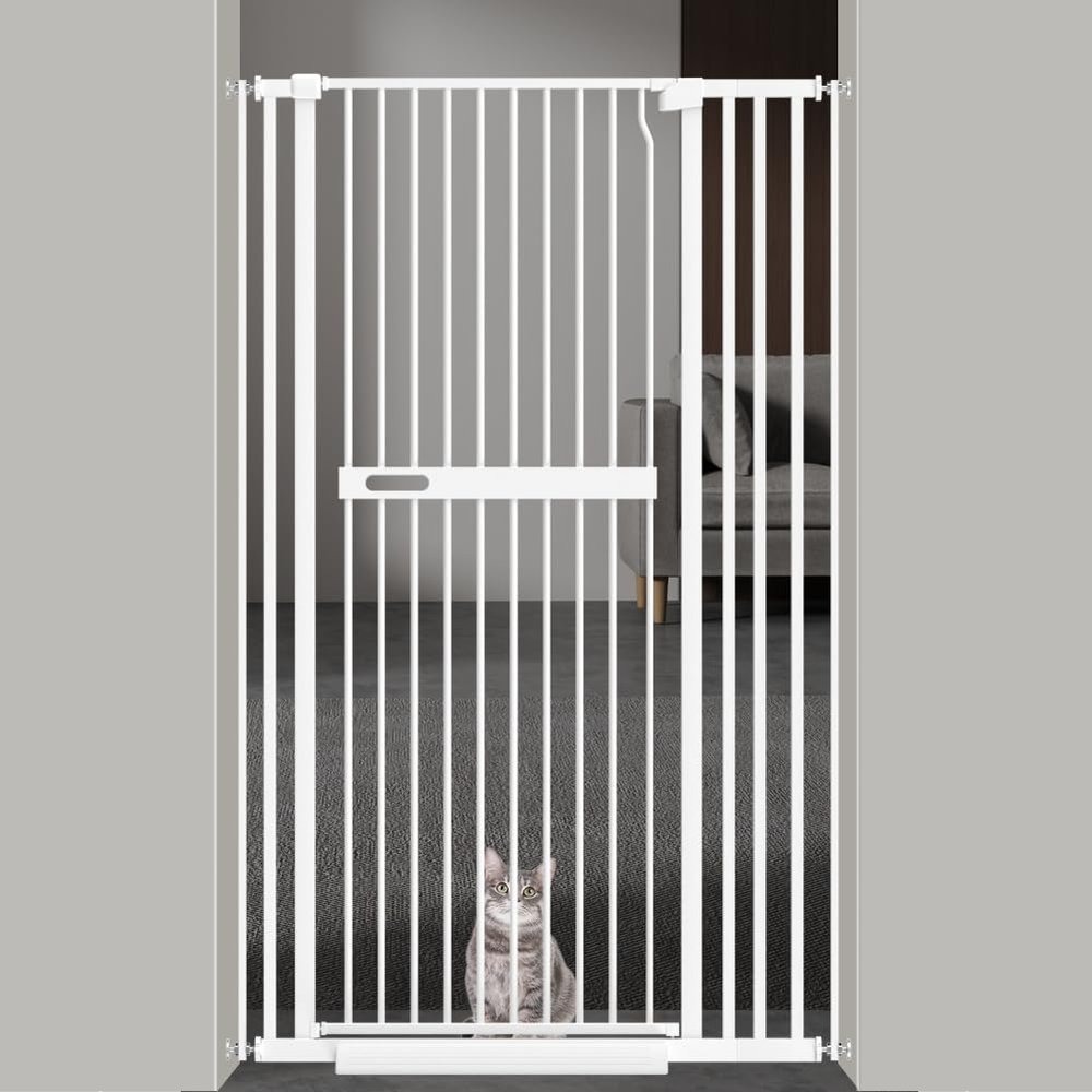 AiWMGL 71" Extra Tall Cat Pet Gate for Doorways Indoor Proof29.92-37.80" Wide Tall Dog Puppy Safety Baby Gate for Cat Pet, Pressure Mounted No Drill Walk Through White Metal