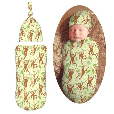 Muishi Cute Monkeys Newborn Swaddle Blankets Hat Sets Soft Baby Receiving Blanket Swaddle Sack for Baby Shower Infant Boy Girl Gift
