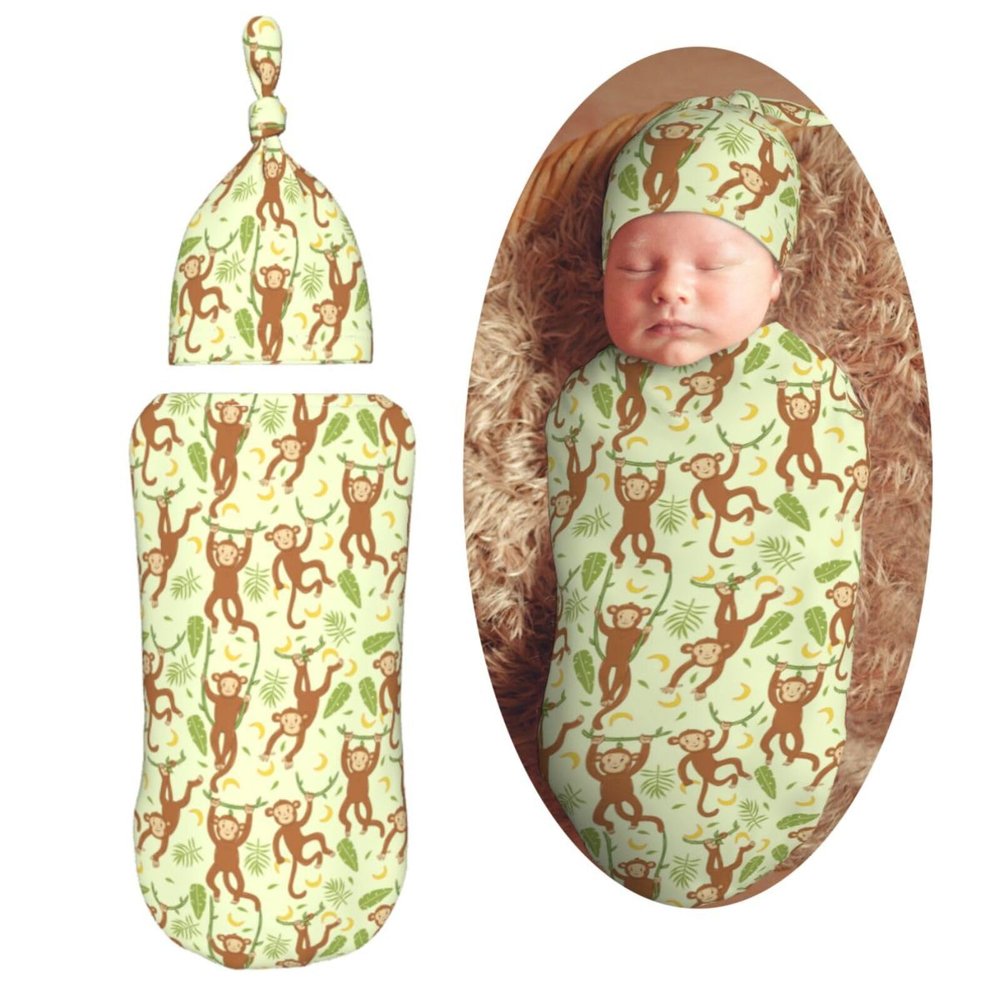 Muishi Cute Monkeys Newborn Swaddle Blankets Hat Sets Soft Baby Receiving Blanket Swaddle Sack for Baby Shower Infant Boy Girl Gift