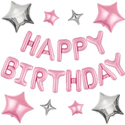 CANREVEL Happy Birthday Banner 13pcs 16 Inch Mylar Foil Letters Sign with 8pcs Star Balloons Birthday Party Decorations for Kids and Adults - 3D Pink