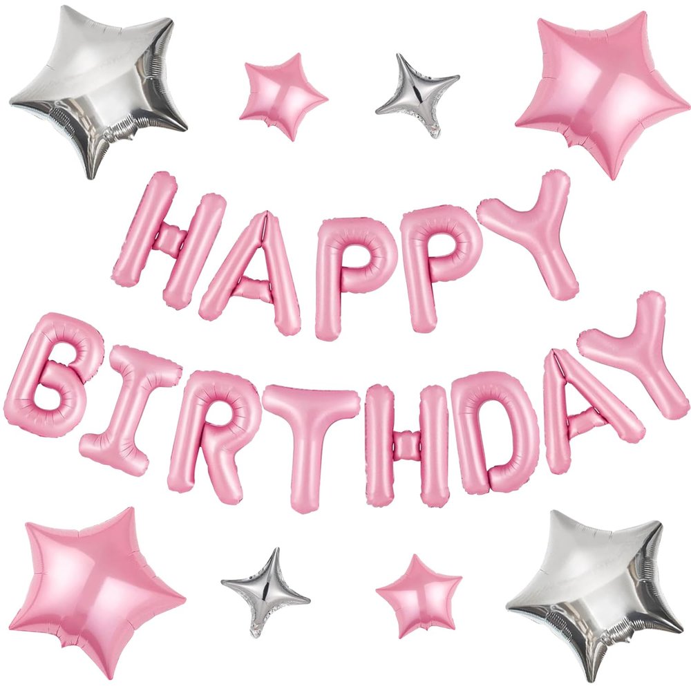 CANREVEL Happy Birthday Banner 13pcs 16 Inch Mylar Foil Letters Sign with 8pcs Star Balloons Birthday Party Decorations for Kids and Adults - 3D Pink