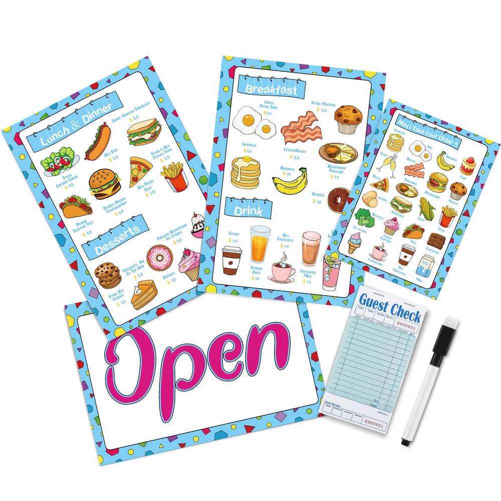 6 Pcs Play Restaurant Menus for Kids Pretend Restaurant Order Pad Food Menu Kitchen Diner Toy Set, 4 Pretend Menu 1 Guest Check Notepad 1 Erasable Pen, Christmas Birthday Party Gift Toddler Role Play