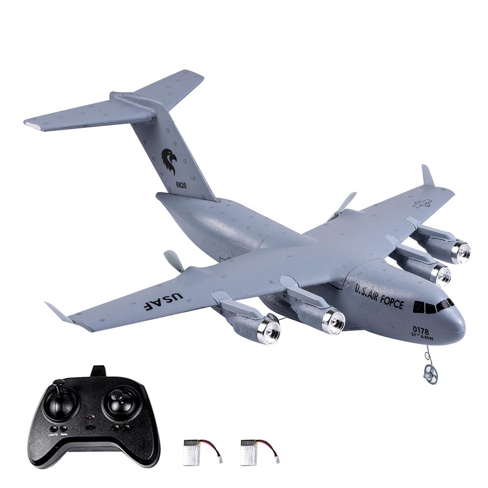 Dodoore RC Plane Remote Control Airplane, 2 Channels RC Airplane, C-17 Military Transport Aircraft, 2.4GHz EPP Foam Fixed-Wing RC Glider with Gyro and 2 Batteries, Easy to Fly for Beginners