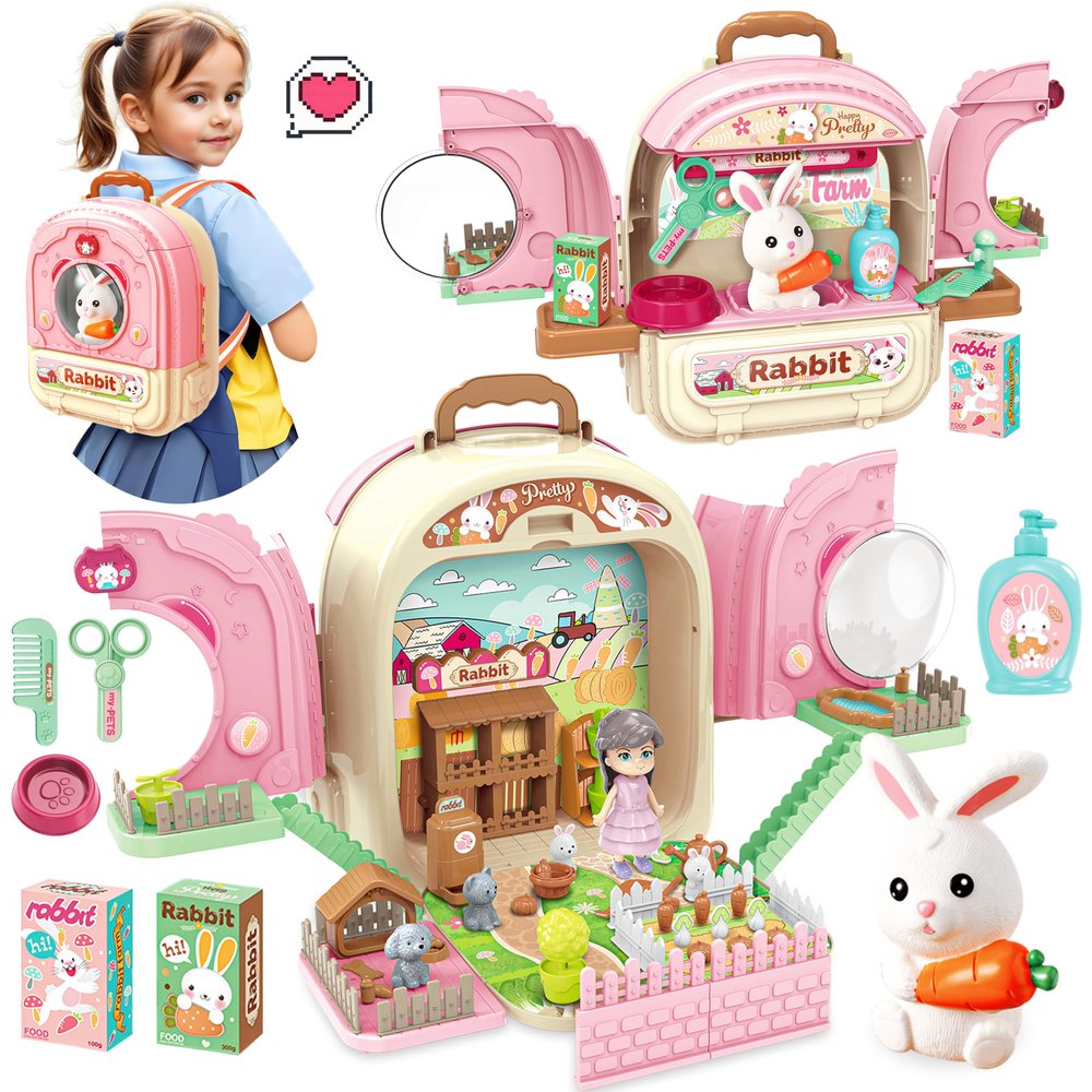 SMILESSKIDDO Pet Carrier Backpack Toy, 3 in 1 Care Playset, Pretend Play Accessories & Hair Dryer Toy, Rabbit Role Play Set for Girls Ages 3+