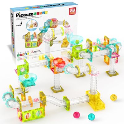 PicassoTiles Magnet Tile Building Block 80pc Marble Run Race Track Travel Size Pretend Play Toy With Launcher Lifter STEM Education Learning Magnetic Tiles Construction Kit School Boys Girls 3+ PTMG80