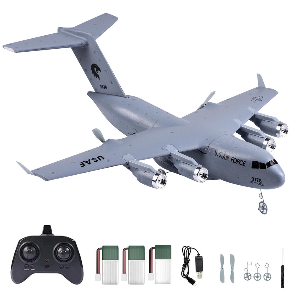 Hylukon RC Airplane, C-17 Globemaster III Military Transport Aircraft, 2CH 2.4GHz RC Plane Ready to Fly with 6-axis Gyro Stabilizer for Beginners Teens Adults DIY Foldable Design3 Batteries
