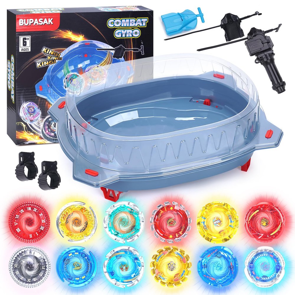 BUPASAK Light Ignite Spinning Tops Battle Set, with Stadium, 12 Light Ignite Spinning Tops, and 3 Launchers, Toys for 6 Year Old Boys & Girls & Up (Amazon Exclusive)