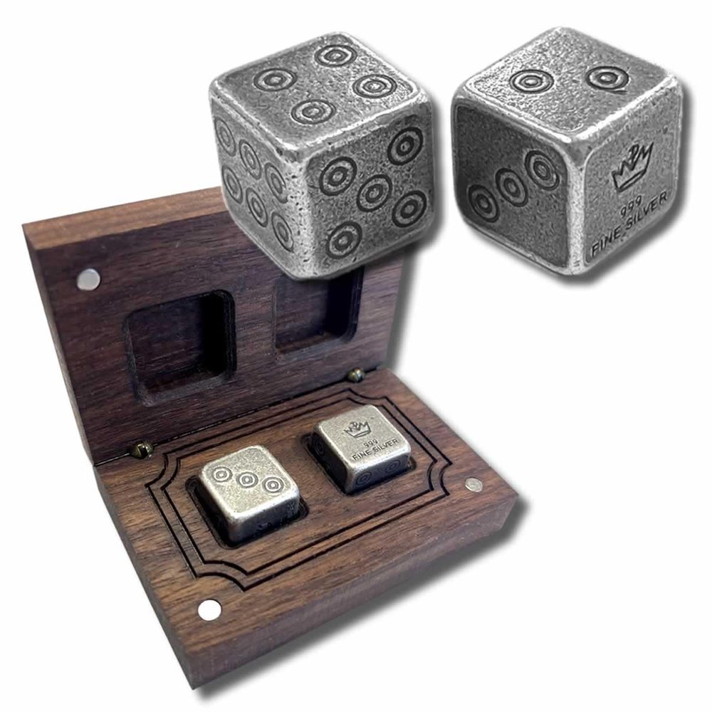 999 Fine Silver Handcrafted Gaming Dice, Viking Design, Wooden Box, Set of 2, Solid Silver