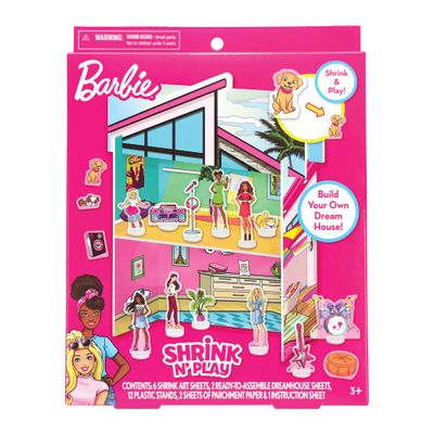 Barbie Dreamhouse Shrinky Dinks Kit  Shrink Art Activity Set with Pre-Cut Sheets, Colored Pencils and Keychains  Creative Craft Toy for Girls Ages 5+