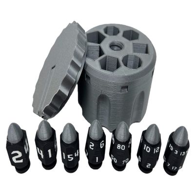 Munnygrubbers - Plastic Bullet Dice 7 Pc D20 Set with Spinning Revolver Cylinder - Fidget Spinner - Cyberpunk Style Dice for Warhammer, DND, Sci-Fi, War, or Crime Theme Tabletop Games - (Silver)
