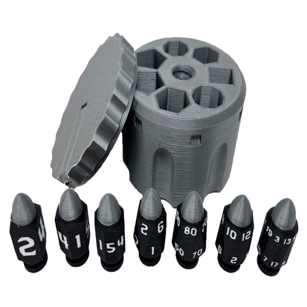 Munnygrubbers - Plastic Bullet Dice 7 Pc D20 Set with Spinning Revolver Cylinder - Fidget Spinner - Cyberpunk Style Dice for Warhammer, DND, Sci-Fi, War, or Crime Theme Tabletop Games - (Silver)