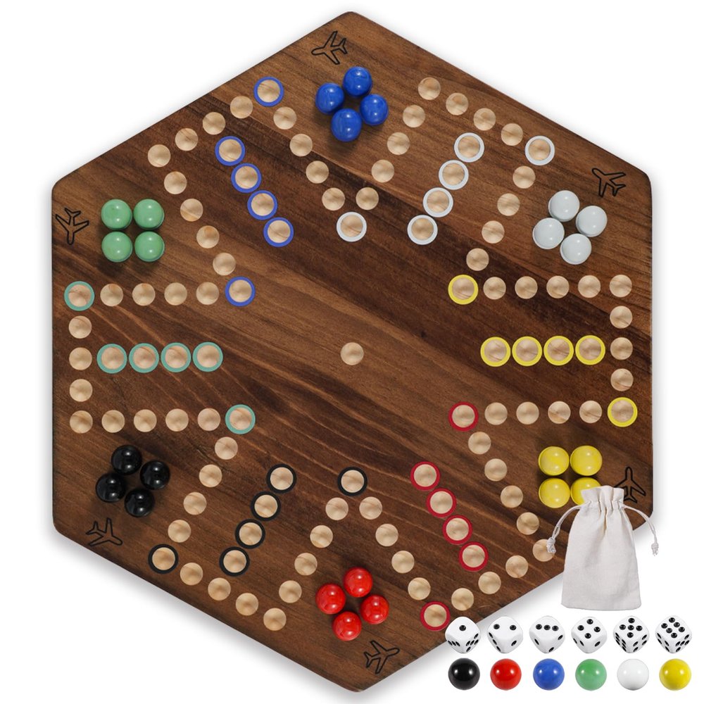20 in Wooden Fast Track Board Game Original Wahoo Board Game for 6 and 4 Players with Marbles and Dices Burnt Color Board Marble Game(Large)