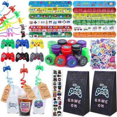 Moncinday 196Pcs Video Game Party Favors, Video Themed Birthday Party Supplies for Kids Video Keychian Stamper Slap Bracelet Bags Tattoo Sticker Video Game Goodies Bag Fillers
