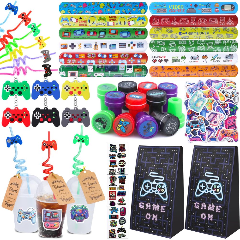 Moncinday 196Pcs Video Game Party Favors, Video Themed Birthday Party Supplies for Kids Video Keychian Stamper Slap Bracelet Bags Tattoo Sticker Video Game Goodies Bag Fillers