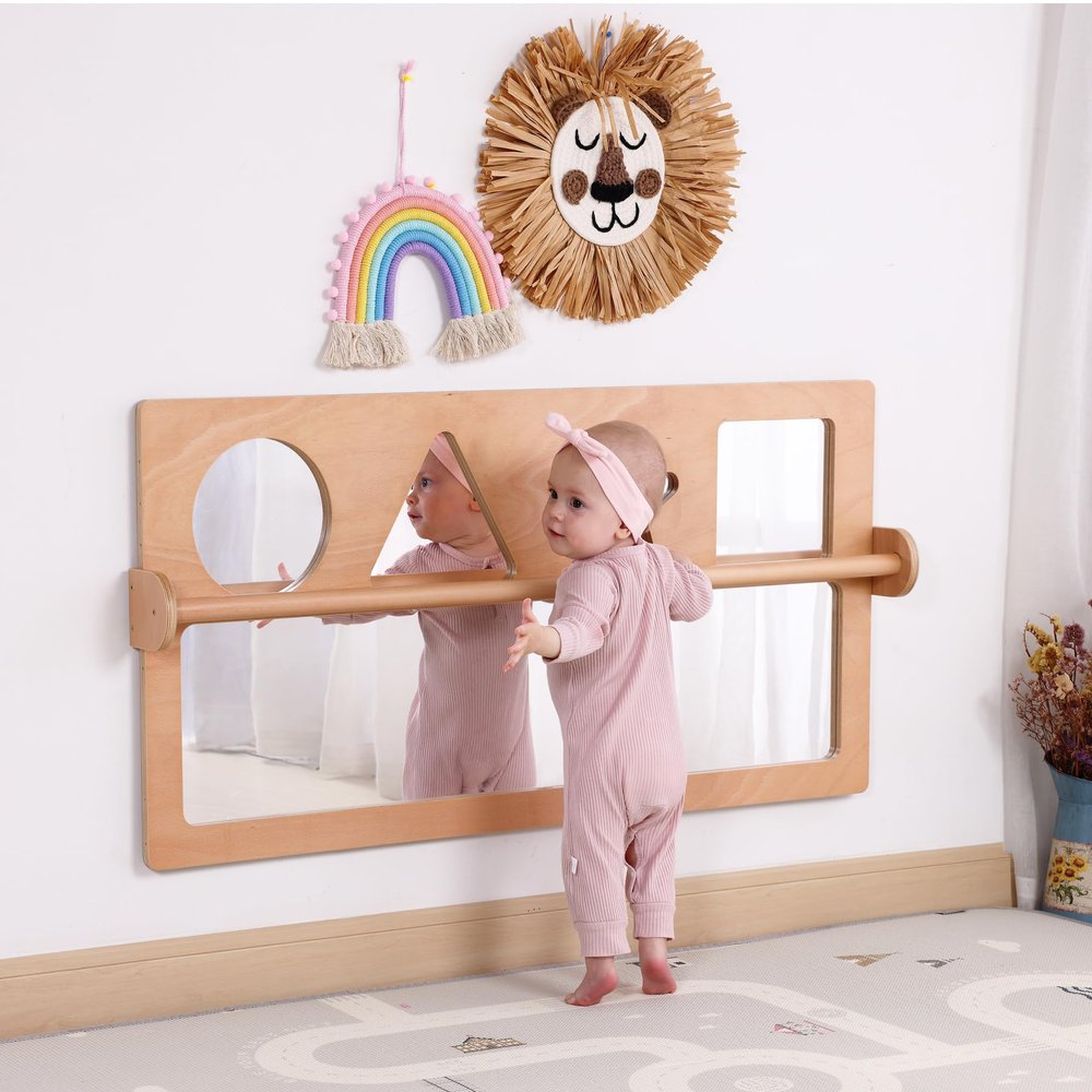 Bolocon Baby Early Learning Shatter-Resistant Safety Mirrors w/Pull Up Bar, Infants Exploration Set, Toddlers Montessori Classroom Furniture for Daycare, Preschool and Nursery (Natural, Standard)