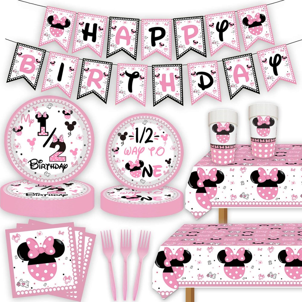 118 Pcs Pink Half Birthday Party Supplies 6 Months Tablecloth Paper Plates Napkins Cups Forks Banner Tableware for Girls Half Way To First Birthday Baby Shower Party Supplies Decorations