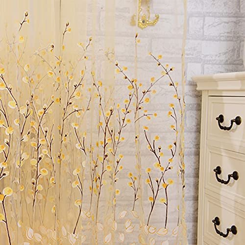 Iuokuby Natural Sheer Curtains Home Decor Voile Curtain Flower Print Voile Window Door Rod Pocket Panels for Living Dining Room Bedroom Balcony(1 Panel, W 52 x L 63 inch, Yellow)