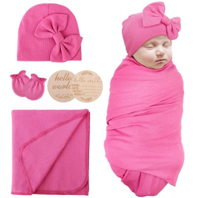AQOKKA Newborn Receiving Blanket with Bow Hat Mittens Wooden Card Set Newborns Toddler Baby Boy Girl Nursery Swaddle Wrap