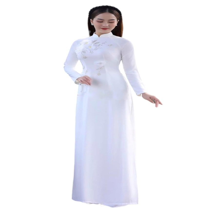A26 The flowers embroidered white Ao dai Vietnam Vietnamese Traditional Ao Dai For Women, Vietnamese Dress For Women, Ao Dai Dress For Women ao dai Tet Lunar New Year (7XL)