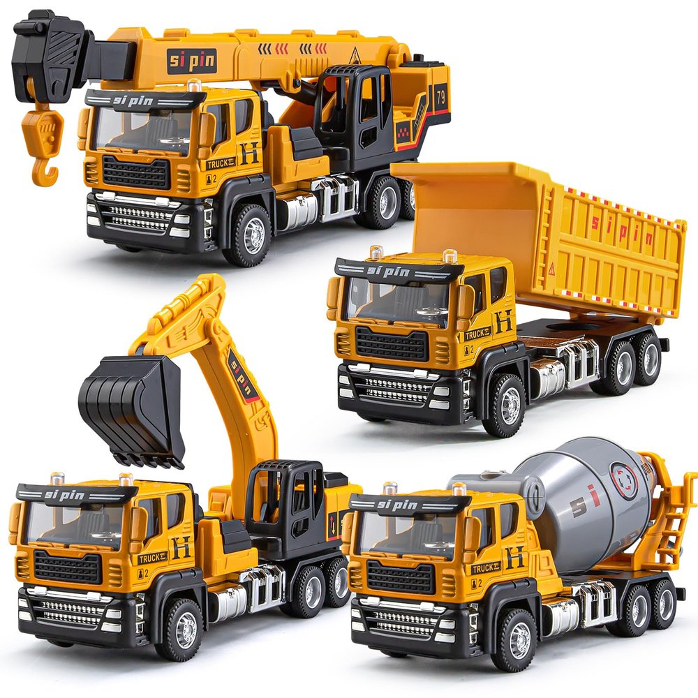 TAKGUD 4 Packs Metal Construction Trucks Playsets, Mini Friction Powered Engineering Vehicle, Crane, Excavator, Cement Mixer, Dump Truck Toys for Boys 3-5 Years Old, Die-Cast Trucks for Toddlers Kid
