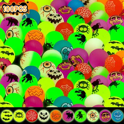100 Piece Halloween Glow in The Dark Bouncing Balls, 10 H alloween Theme Designs for Halloween Party Favor Supplies, School Classroom Game Rewards, Trick or Treating Goodie Bags, Halloween Miniatures